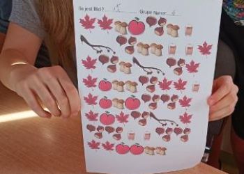 Powiększ zdjęcie: Uczniowie wykonują zadanie na spostrzegawczość -  obliczają liczbę liści spośród darów jesieni.