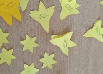 Powiększ zdjęcie: Uczniowie wykonują żonkile z papieru.