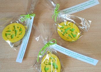 Powiększ zdjęcie: Breloczki w kształcie jajka z motywem wiosennym wydrukowane na drukarce 3D z bilecikiem z napisem Zespół Szkół Specjalnych w Skoczowie – Oddziały w Beskidzkim Zespole Leczniczo-Rehabilitacyjnym w Jaworzu..