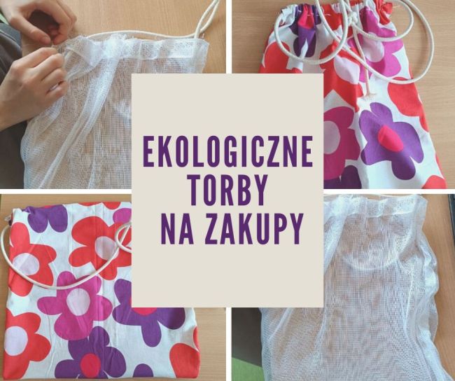 Torby ekologiczne z materiału i firan uszyte przez uczniów.