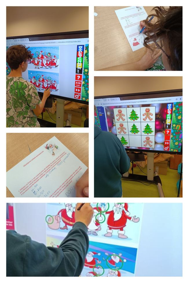 Uczniowie rozwiązują mikołajkowe zadania matematyczne, znajdują różnice między mikołajami oraz grają w mikołajkowe kółko krzyżyk. Zadania matematyczne - 1. Zbliżające się Święto to czas wytężonej pracy dla Mikołaja. Do pomocy poprosił zaprzyjaźnionych Mikołajów. Jeśli 20 Mikołajów rozdaje w ciągu godziny 400 prezentów, to ile prezentów rozda w tym samym czasie 80 Mikołajów (zakładając, że pracują z tą samą wydajnością)? 2. Renifery Mikołaja przebywały na podwórku, które miało kształt prostokąta. Było długie na 400 metrów i szerokie na 200 metrów. Pewnego dnia Mikołaj wydał zarządzenie, aby skrzaty zrobiły nowe ogrodzenie. Ile metrów nowego ogrodzenia muszą zrobić skrzaty? 3. Mikołaj z żoną postanowili wydać małe przyjęcie w ogrodzie. Zaprosili na nie 6 par królewskich, każdej towarzyszyły po 3 damy dworu, 8 ambasadorów z żonami i grupę artystów cyrkowych. Obecnych było 90 osób. Jak liczna była grupa cyrkowców?