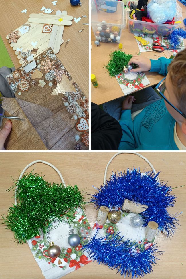 Uczniowie przygotowują upominki dla bliskich z drewnianych patyczków, serwetek papierowych, bombek i łańcuchów na choinkę.