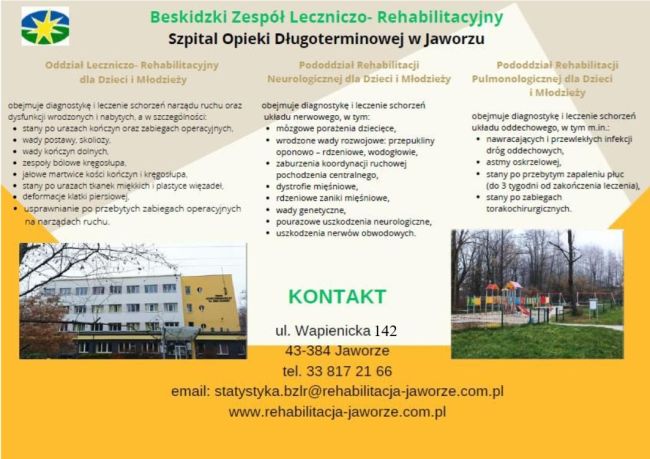Ulotka o szpitalu przedstawiająca charakterystykę Oddziału Leczniczo-Rehabilitacyjnego dla Dzieci i Młodzieży wraz z danymi kontaktowymi.