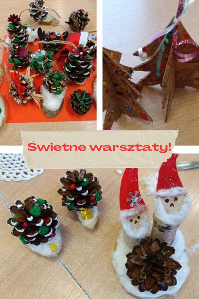 Świetne warsztaty - ozdoby z szyszek, kompozycje z drewna i korka ściennego wykonane na warsztatach pt.: "Jaworzańskie rękodzieło".