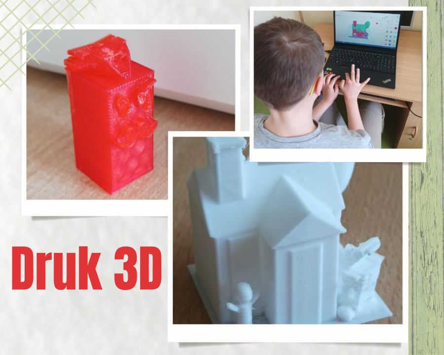 Projektowanie domu 3D przez ucznia oraz efekty druku postaci i domu 3D.