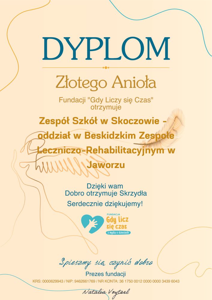 Dyplom z podziękowaniami za udział w zbiórce z okazji Dnia Dziecka dla podopiecznych Fundacji ”Gdy Liczy się Czas”