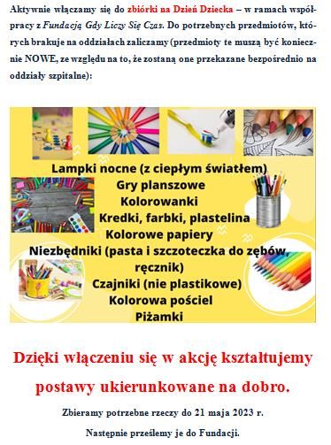 Plakat informujący o zbiórce na Dzień Dziecka – dla podopiecznych Fundacji´ ”Gdy Liczy się Czas”