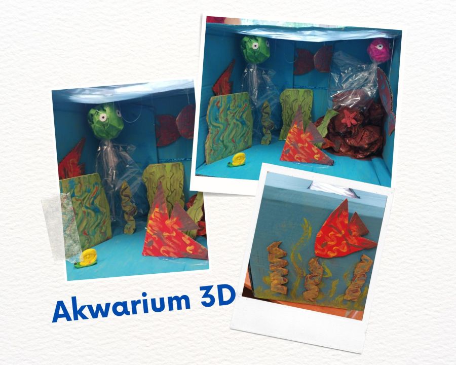 Akwarium 3D wykonane z pudełka kartonowego - z rybami, roślinnością oraz podłożem.