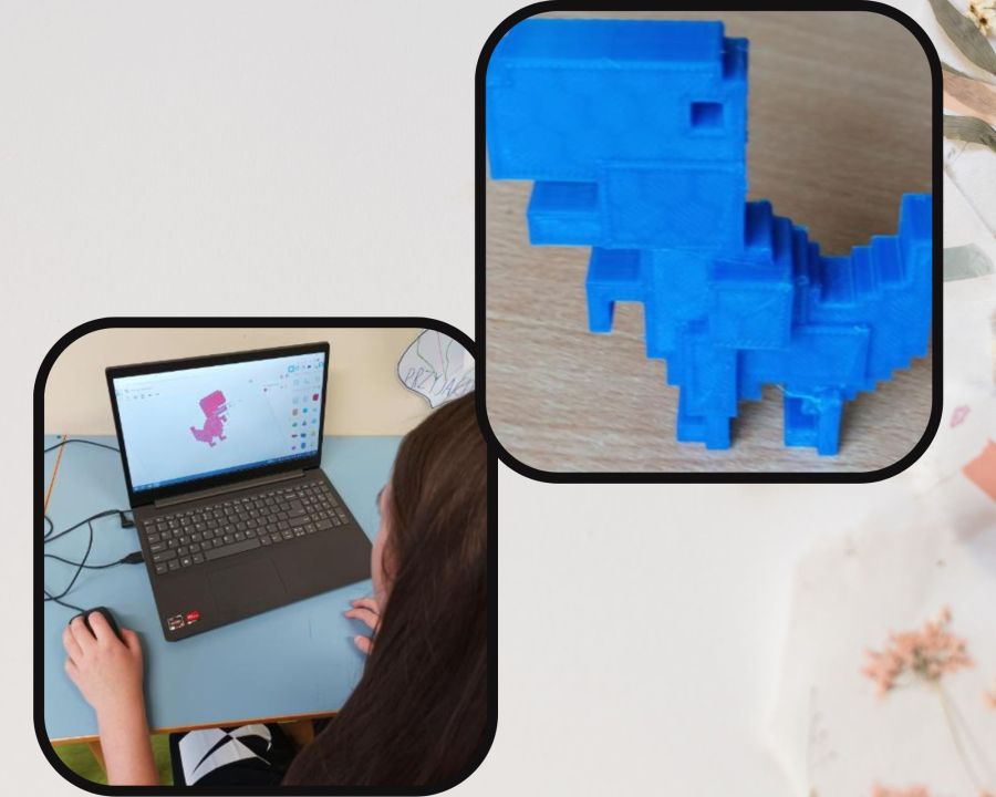 Uczennica projektuje dinozaura. Następnie dinozaur został wydrukowany na drukarce 3D.