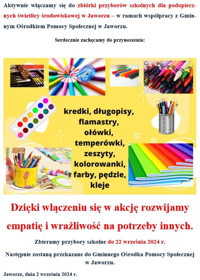 Plakat dotyczący zbiórki przyborów szkolnych dla podopiecznych świetlicy środowiskowej w Jaworzu.