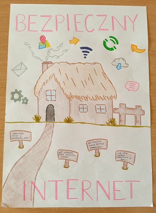 Plakat Bezpieczny Internet z hasłami - Korzystaj tylko z zaufanych sieci!, Nie wstawiaj zbyt łatwych haseł!, Nie podawaj swoich danych osobowych!, Nie ufaj osobom poznanym w sieci!