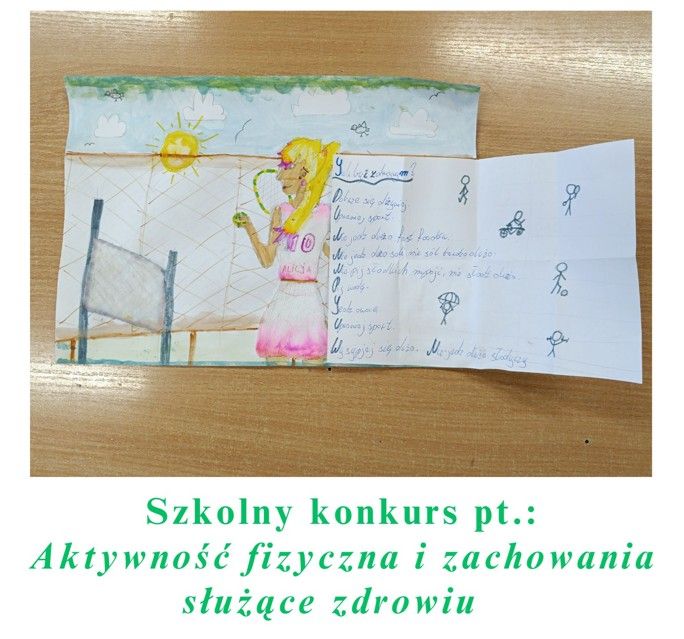 Szkolny konkurs Aktywność fizyczna i zachowania służące zdrowiu - praca z zakresu aktywności fizycznej i zachowań służących zdrowiu - malowana farbami z wykorzystaniem techniki wydzieranki.